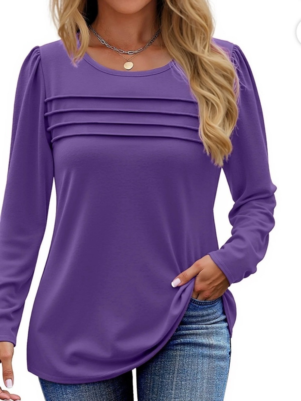 Pleated Yoke Long-Sleeve Top in Purple